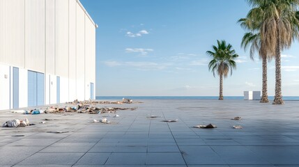 Fototapeta premium A large pile of construction materials and debris sits next to a damaged building with palm trees in the background