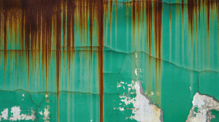A textured close-up of a weathered turquoise wall featuring rust streaks and peeling paint, showcasing the beauty of decay and vibrant colors in an urban setting.