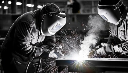 A dynamic image of skilled welders in action, showcasing sparks flying and the intense focus of the professionals as they expertly fuse metal components together in a bright workshop