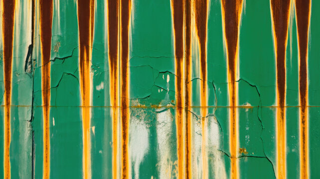 A close-up view of an aged, rusty green wall showcasing vibrant orange streaks and cracks, creating an abstract yet textured artistic composition.