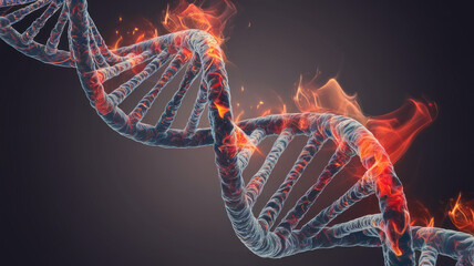 A striking representation of a DNA helix engulfed in vibrant flames, symbolizing the fiery essence of genetic evolution and scientific discovery.