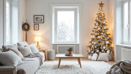 Cozy winter living room with a warm fireplace and beautifully decorated Christmas tree