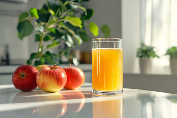 Refreshing glass of apple juice surrounded by fresh apples on sunny kitchen counter, healthy refreshment concept