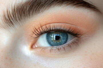 Obraz premium An intricately detailed blue eye with soft makeup encircling, emphasizing its vibrant color and drawing attention to its natural allure and curiosity.