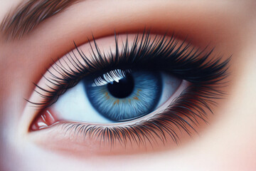 A hyper-realistic close-up of a blue eye showcasing intricate iris patterns and a glossy finish, surrounded by delicate eyelashes in a photorealistic style.