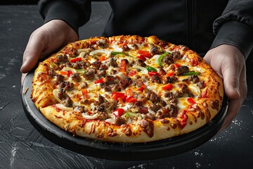 Fresh pizza on black board held by hands, melted cheese, herbs, close-up of vibrant toppings