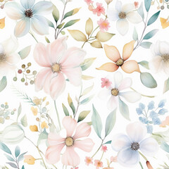 Obraz premium beige floral with pastel green leaves watercolor aquarell pattern