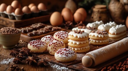 Fototapeta premium A rustic wooden table with a variety of homemade Christmas cookies, including gingerbread, sugar cookies with sprinkles, and iced cookies.
