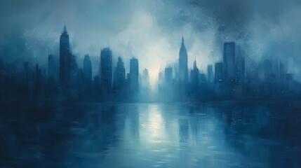 Obraz premium stormy blue dusk falls over the cityscape with lights twinkling in the dense fog