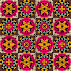 Pattern with crochet granny square with flowers wallpaper handmade decorative art design print	