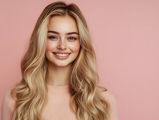 Naklejka premium Smiling young woman with blonde long groomed hair isolated on pink background