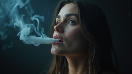 Obraz premium A contemplative woman exhales smoke in a dimly lit setting, lost in thought during twilight hours