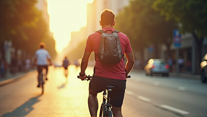 Obraz premium Cyclist or commuter who travels around the city by bike in summer, goes to work, does errands or shopping