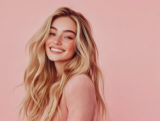 Fototapeta premium Smiling young woman with blonde long groomed hair isolated on pink background