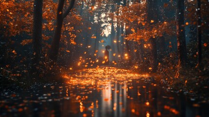 Autumn Forest Path with Glowing Leaves