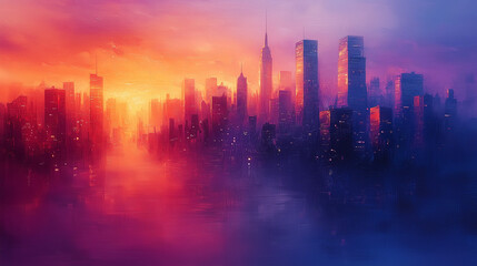 vivid sunset bathes the cityscape in warm hues, reflecting brilliantly on the waterfront