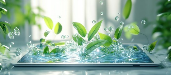 Green leaves and water droplets splash on a tablet screen.