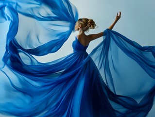Woman in blue waving dress with flowing fabric