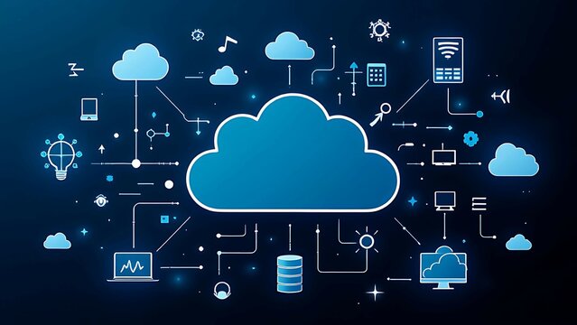 A creative composition of cloud computing symbols and icons, representing services like storage, computing, and networking in a digital environment.