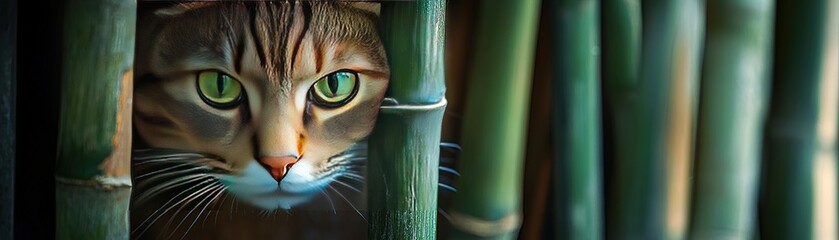 Curious cat stares through bamboo with enchanting green eyes in a captivating nature setting