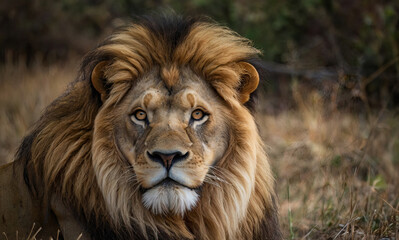 Fototapeta premium A majestic lion resting in the golden grasslands of Africa during the late afternoon sunlight, showcasing its regal mane and intense gaze