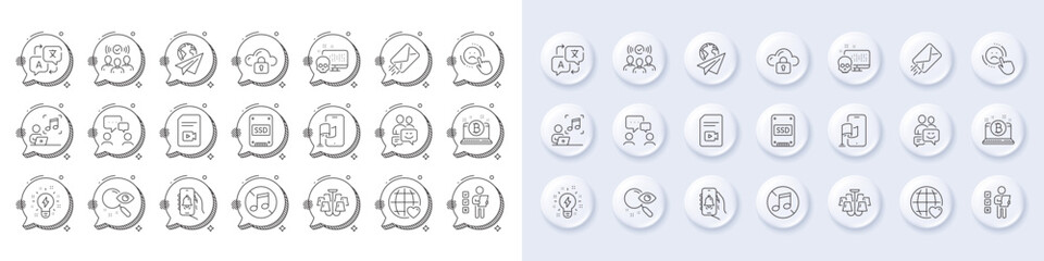 Paper plane, Bell alert and Music line icons. White pin 3d buttons, chat bubbles icons. Pack of Voting ballot, International love, Ssd icon. People chatting, Bitcoin, E-mail pictogram. Vector