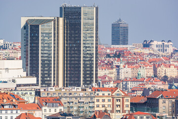 Panorama of Prague 4 district with skyscrapers, Czech republic, March 2022
