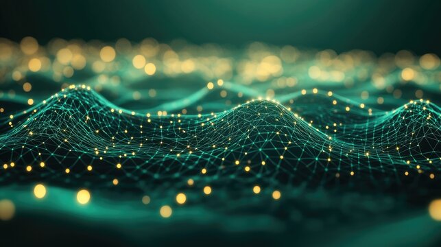 Abstract digital landscape with glowing dots and lines.