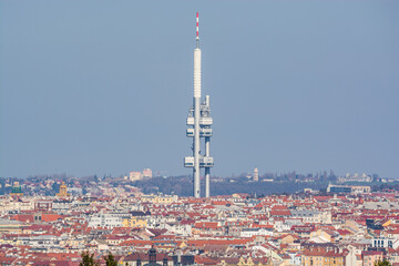 Panorama of Prague with dominant tower of Zizkov, the view of Divci Hrady hill