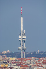Fototapeta premium Panorama of Prague with dominant tower of Zizkov, the view of Divci Hrady hill