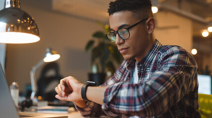 Man Wearing Glasses Checks Time on Smartwatch