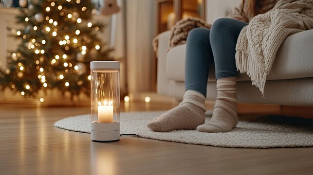 A woman sits comfortably in a blanket, enjoying the warmth from an electric tower heater while watching television in her living room