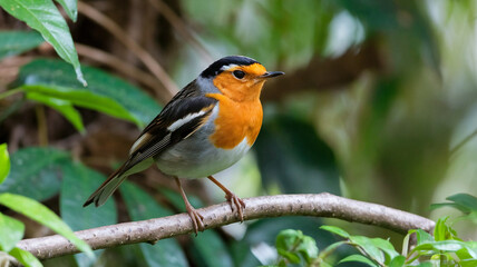 Fototapeta premium Orangebreasted Robin Perched on Branch in Greenery