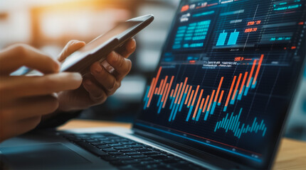 Business person evaluates metrics for charts and graphs with statistics to innovative analyze business potential and forecast future development of companies growth., setting goals for expansion.