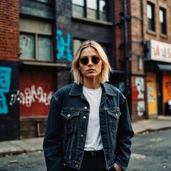 Obraz premium Female photoshoot showing a person wearing oversized jeans, black leather jacket and vintage sunglasses in New York City.