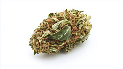 Close-up of a dense, dried cannabis bud with visible trichomes on a white background