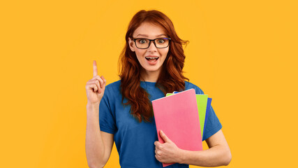 Eureka. Geek Student Girl Having Idea Pointing Finger Up Standing Holding Books On Yellow Studio Background. Panorama