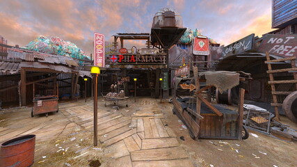 荒廃した街の風景　3DCGレンダリング