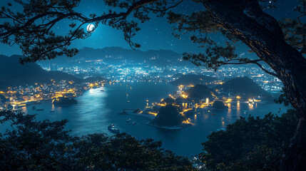 A breathtaking aerial view of a serene, moonlit harbor surrounded by illuminated cityscape and mountains