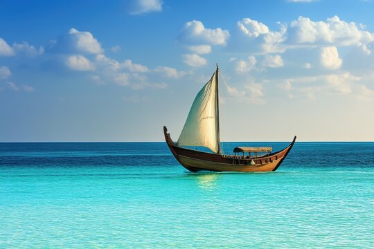 Traditional dhow boat sailing on turquoise waters under a clear blue sky