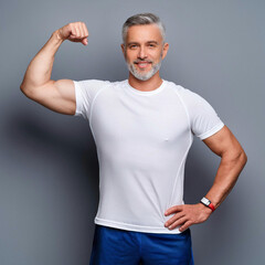 hombre  sonriente mediana edad con camiseta blanca, brazo musculoso biceps, parado aislado en fondo gris