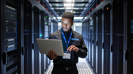 Data Center Technician Working on Laptop