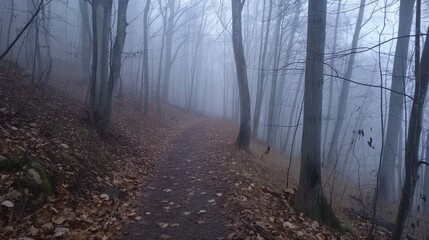 Obraz premium Foggy Woodland Trail Passage