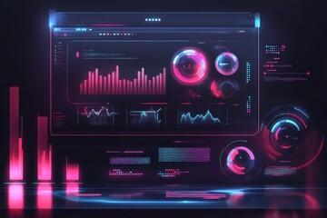 Fototapeta premium futuristic marketing strategy interface with holographic elements and 3D graphics illustration, minimal background with copy space