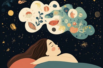 person peacefully sleeping with a dream cloud above their head filled with surreal images iIllustration 