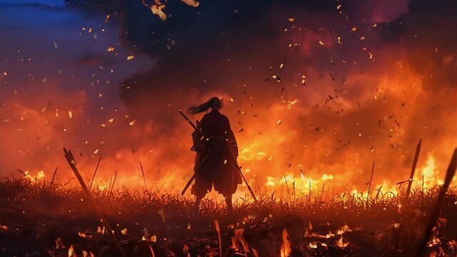 Samurai Silhouette Against Fiery Forest Fire Seamless Loop Background