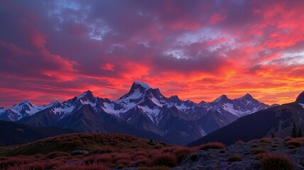 Snow-Capped Mountain Range at Sunset with Dramatic Red and Purple Sky