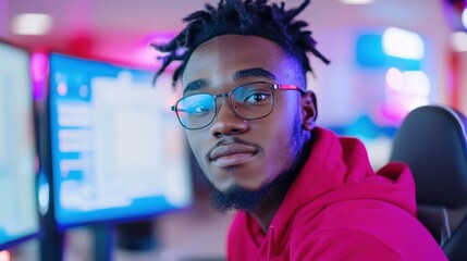 Portrait of a young programmer wearing glasses in front of computer screens with neon lighting