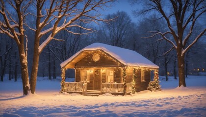 A cozy winter evening at a snow-covered cabin in a serene countryside, glowing lights casting warmth against the frosty landscape