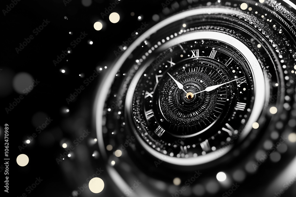 Poster an intricate clock spirals into the void, radiating timelessness with shimmering light in a dark set